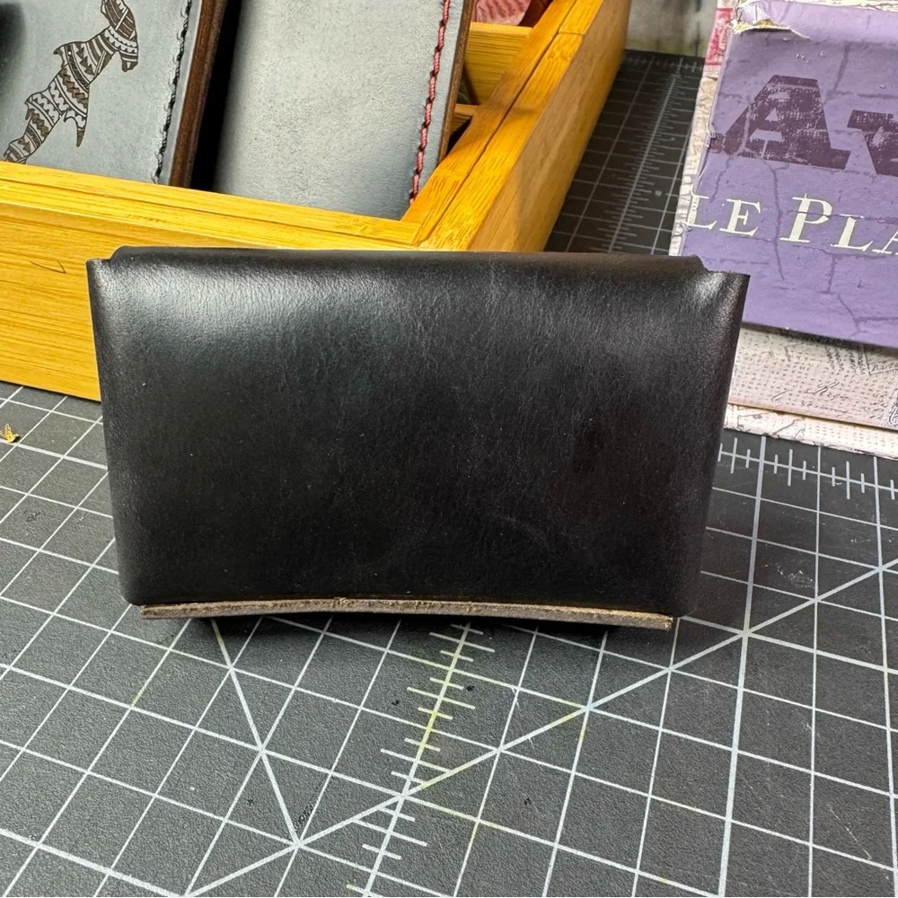 Men’s Black double stacked card wallet business card holder -brown interior